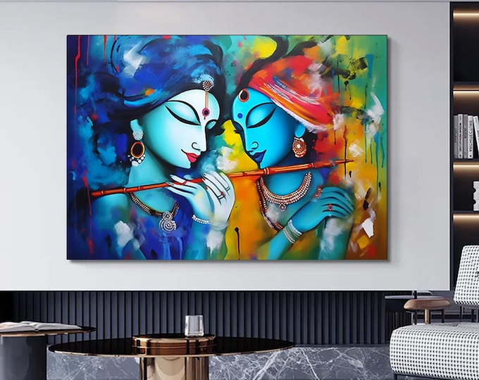 Radha Krishna Painting, Reproduction Art Canvas, India Traditional Printed, Lord Krishna and Radha Wall Decor, India Woman Poster,
