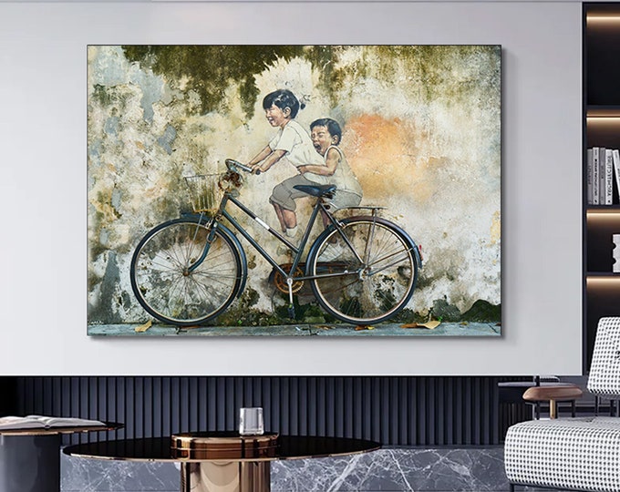 Penang Malaysia, Penang Street Art, Children On Bike, Wall Art Canvas, Street Art Photography, Bicycle Canvas, Graffiti Wall Art,