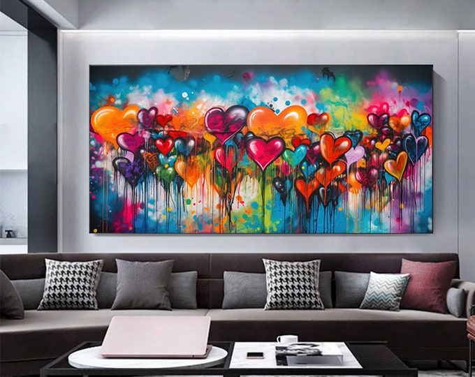 Banksy Graffiti Art Street |Graffiti Hearts Love | Graffiti wall art print | Banksy paint hearts | Large Framed Wall Art Set | ready hangig