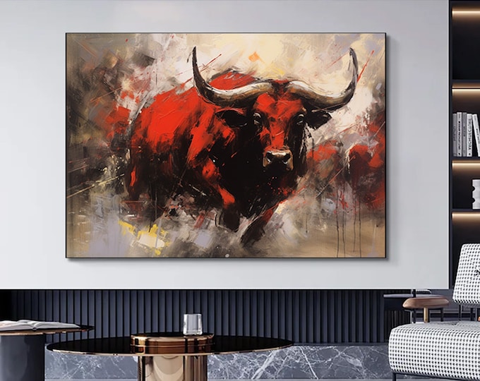 Bull canvas painting,Colorful bull,Bull painting art,Bull wall decor,Highland cow,Bull Abstract Canvas,Animal Painting,Big bull art