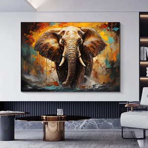 Modern oil painting elephant canvas painting, Elephant wall art, Colorful elephant animal art.