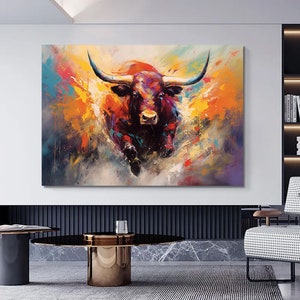 Pintura em tela de touro, touro colorido, arte de pintura de touro, decoração de parede de touro, vaca das montanhas, tela abstrata de touro, pintura de animais, arte de touro grande