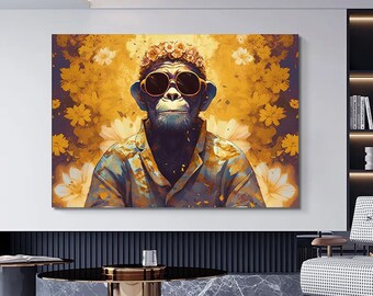Monkey with Glasses Canvas Wall Art: Floral Crown Animal Print