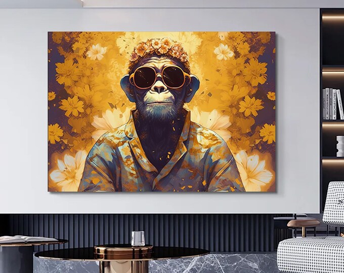 Canvas wall art of a monkey with glasses and a flower on her head , Animal Wall Art ,Home decor