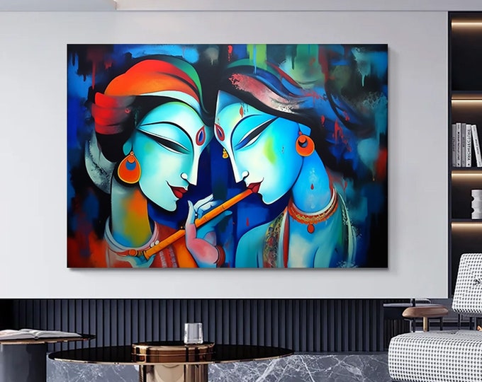 Radha Krishna Painting, Reproduction Art Canvas, India Traditional Printed, Lord Krishna and Radha Wall Decor, India Woman Poster,