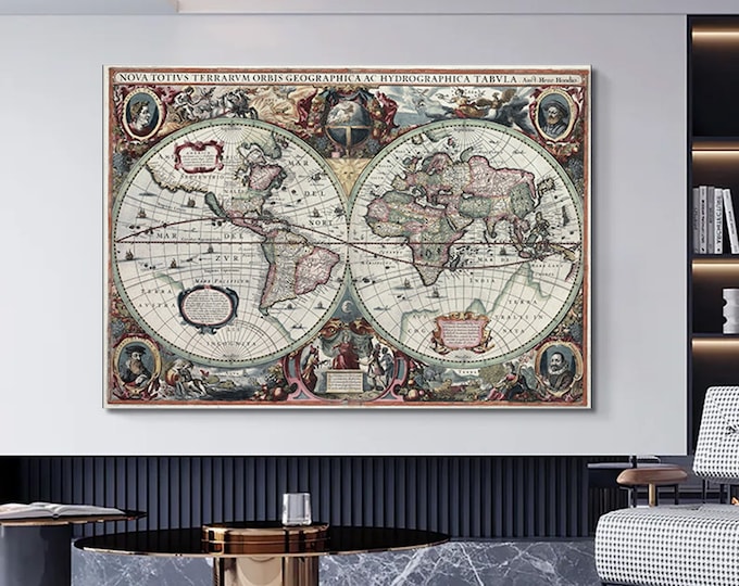 One of the most famous and ornately detailed world maps of the seventeenth century, the 1630 World map canvas wall art