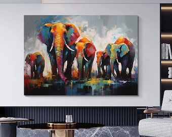Elephant Family Canvas Art, African Animals Wall Decor, Modern Print