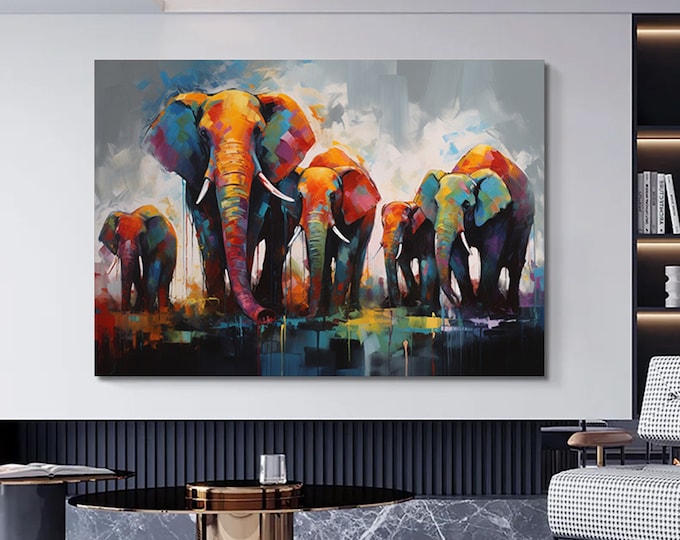 Elephants Family Canvas Painting Art, Animals African Wall Decor, Wall Art, Modern Print Art, Herd of Elephants Poster, Wall Hanging Canvas