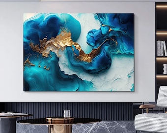 Luxury Marble Canvas Print, Navy Blue and Gold Abstract Wall Art