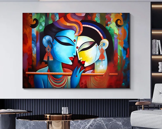 Radha Krishna Painting, Reproduction Art Canvas, India Traditional Printed, Lord Krishna and Radha Wall Decor, India Woman Poster,