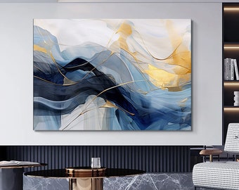 Blue Gold Marble Abstract Canvas Print: Luxury Modern Wall Art