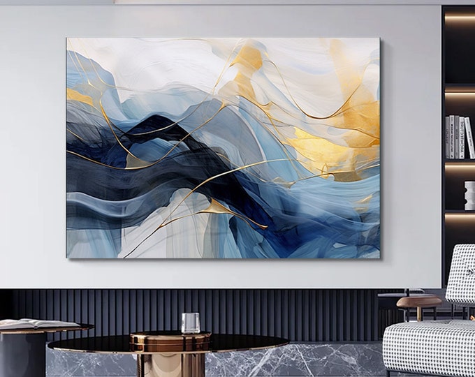 Luxury Marble Wall Decor, Navy Blue Wall Art, Abstract Marble Wall Art, Alcohol Ink Artwork, Gold Marble Art Canvas,
