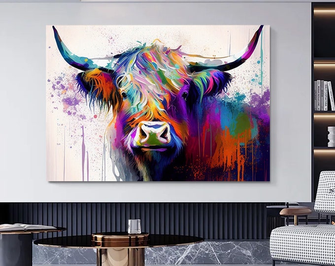 Bull canvas painting,Colorful bull,Bull painting art,Bull wall decor,Highland cow,Bull Abstract Canvas,Animal Painting,Big bull art