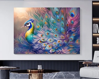 Peacock Canvas Wall Art: Abstract Oil Painting Style, Feather Tail Decor
