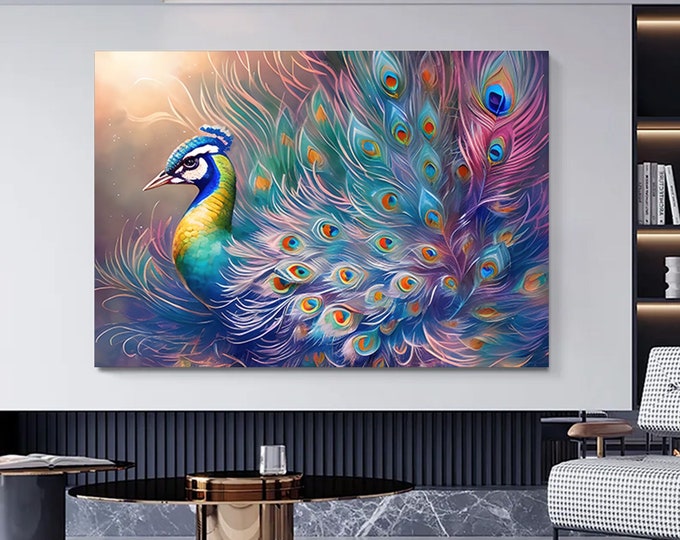 Peacock,Peacock with abstract art oil painting look, Peacock canvas wall decor. Feather Art, Peacock Tail Art,