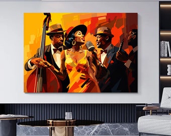 Abstract canvas wall art of retro African American people playing music,Jazz canvas print.