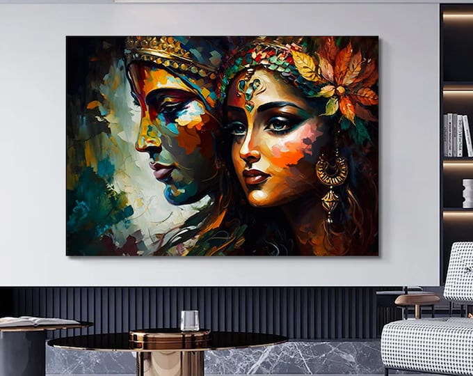 Radha Krishna Painting, Reproduction Art Canvas, India Traditional Printed, Lord Krishna and Radha Wall Decor, India Woman Poster,