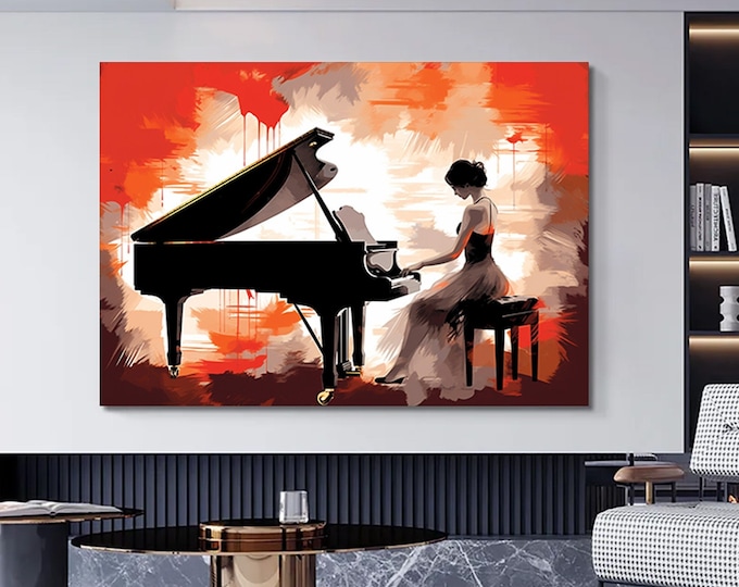 Woman Playing Piano Colorful Painting Style Canvas Print Wall Art, Music Modern Design Home Decor, Musical Wall Art Picture Wall Hanging