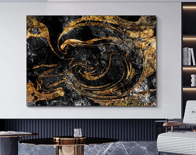 Black Abstract wall art, Dark Abstract Canvas Print, Black art, Modern Living Room Decor, Abstract Black Decor, Black and Gold Art,Gold Gift