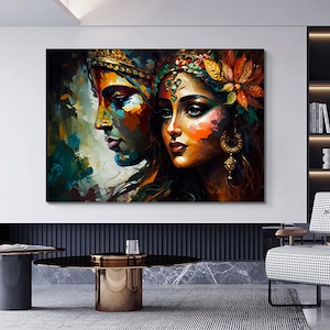 Radha Krishna Painting, Reproduction Art Canvas, India Traditional Printed, Lord Krishna and Radha Wall Decor, India Woman Poster,