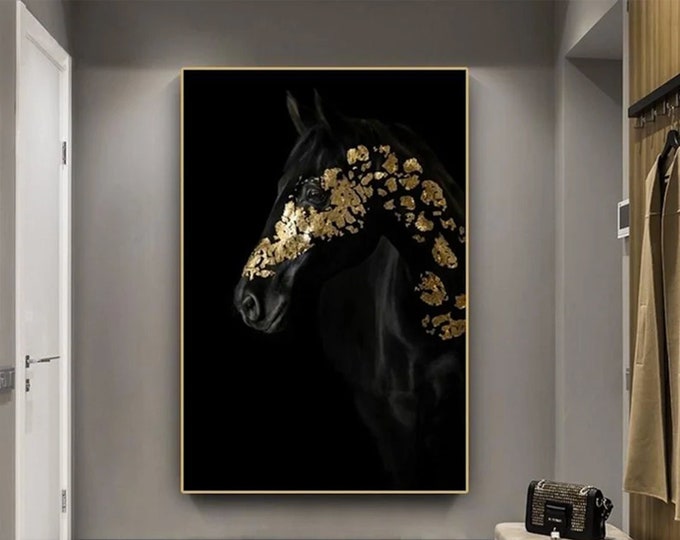 Large Print and Poster Animal Canvas Wall Art Black and Gold Horse Printings and Posters Light luxury Room Decor Modern Poster, Horse poster