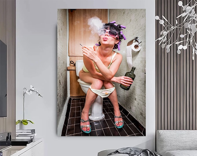 Fashion Girl Wall Decor, Girl Drinking Toilet Art Canvas, Bathroom Drink Art, Vogue Printed, Sexy Girl Modern Printed,