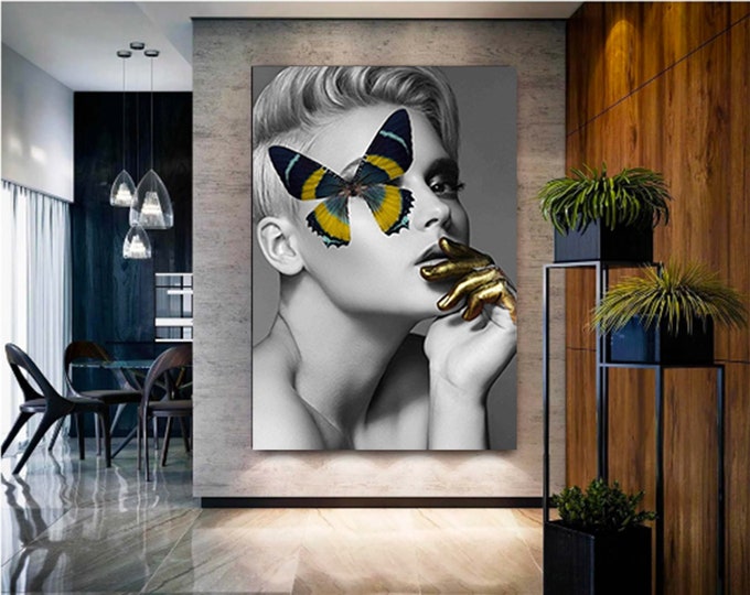 Butterfly Woman Wall Art, Blonde Woman Framed Canvas, Butterfly Canvas, Gold Glitter Wall Art, Golden Woman Wall Art, Silver Framed Canvas