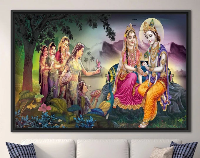 Radha Krishna Painting, Reproduction Art Canvas, India Traditional Printed, Lord Krishna and Radha Wall Decor, India Woman Poster,