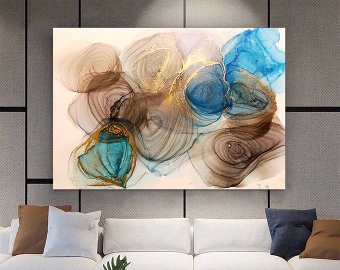 Brown And Gold blue Marble, Alcohol Ink Wall Decor, Abstract Canvas Art, Contemporary Art, Gold Marble Wall Decor, Modern Poster,