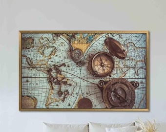 Compass Art Canvas, Vintage Map Art Canvas, Vintage World Map Art, Brass Pocket Compass Wall Decor, Antique World Map Wall Decor,
