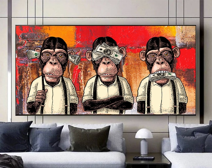 3 Monkey Special Design Canvas Art , 3 Thoughtful Monkeys , Monkey Canvas , Wise Monkey , Animal Wall Art , Office Decor