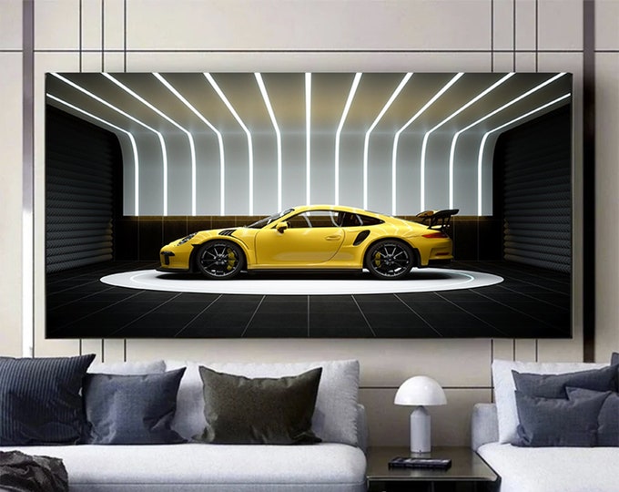 Porsche 911 Canvas Sport YELLOW  Car Wall Art Print Motivation Office Wall Decor Сar Poster Porsche Gift Large Canvas Print Home Gift Home