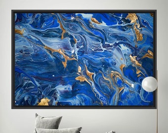 Navy Blue Marble Canvas, Shimmery Abstract Wall Art, Modern Home Decor