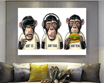 3 Monkey Canvas Art , 3 Thoughtful Monkeys , Monkey Canvas , Wise Monkey , Animal Wall Art , Office Decor