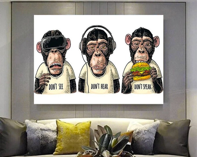 3 Monkey Canvas Art , 3 Thoughtful Monkeys , Monkey Canvas , Wise Monkey , Animal Wall Art , Office Decor