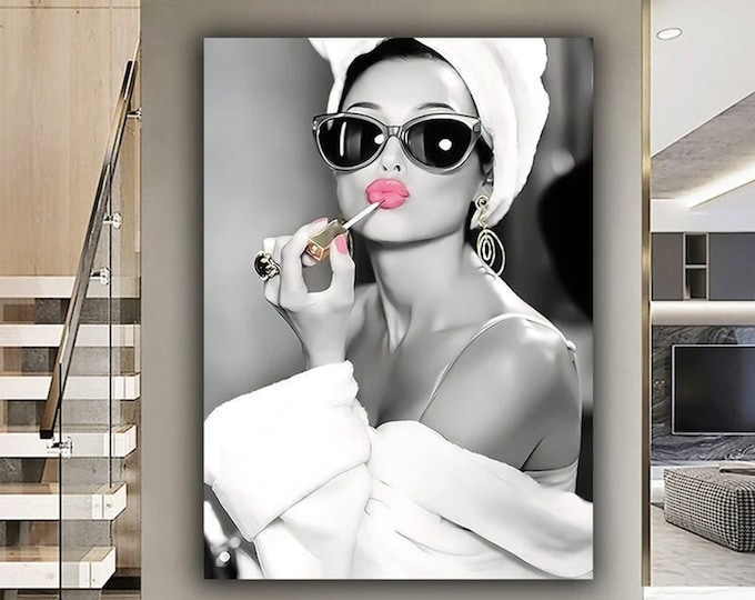 Audrey Hepburn, Fashion Wall Art, Hepburn Pink Lips, Lip Wall Art, Lip Woman Canvas, Audrey Hepburn Make Up Canvas Print, Audrey Poster