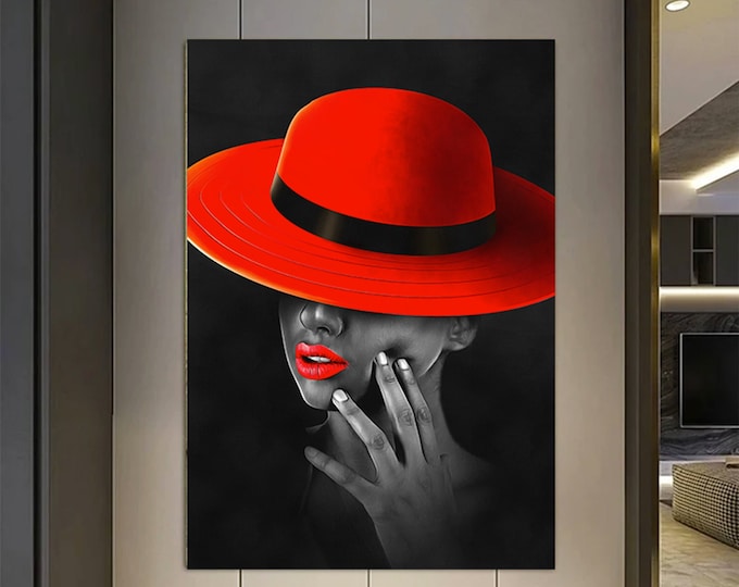 Fashion girl canvas painting, woman in red hat canvas painting, black woman canvas print, ethnic girl wall decor, graffiti girl wall decor