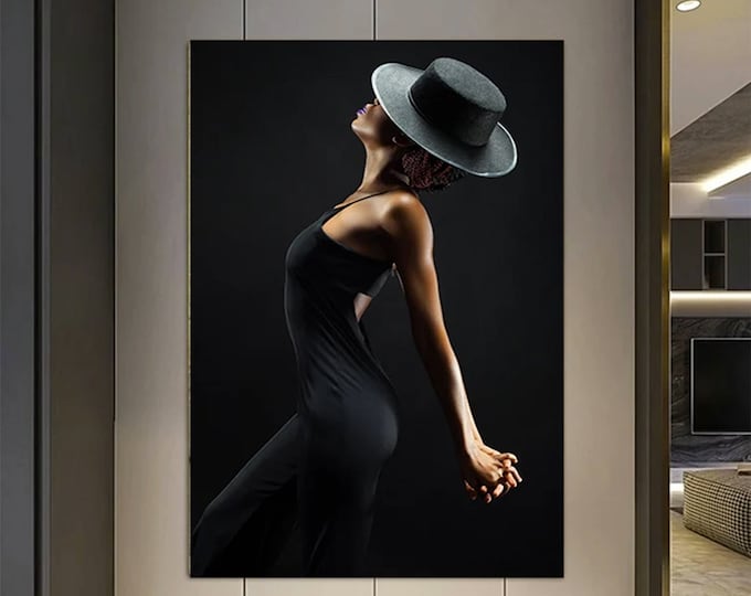 Woman  picture of mysterious woman in black hat, wall decor print canvas, large wall art print poster, woman silhouette canvas print