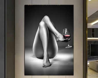 Erotic Woman with Wine, Black Art Print, Luxury Wall Decor