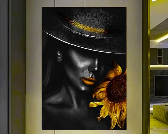 Woman in Black Hat Canvas Print, African Woman Art, Fashion Art, Black Woman Style, Flowers Painting,Flower Canvas Print