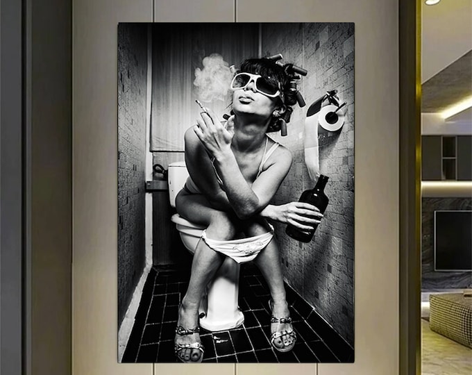 Girl Smoking Toilet, Fashion Toilet Wall Art, Fashion Girl Print, Stylish Wall Art, Girl Drinking Toilet, Fashion Wall Art, Black and White