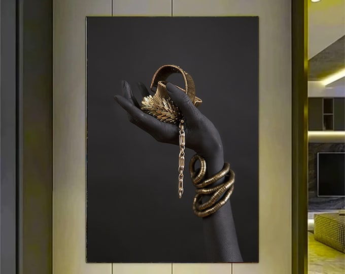 Canvas African, Canvas Woman, Black, Gold, Hand, Africa, Woman, Jewel, Canvas Vertical, Wall Art, Canvas Print, Picture Print, African Art