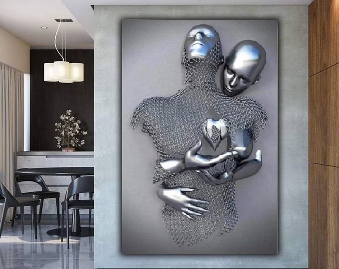 Love Heart Gray Canvas Print, Hugging Couples 3D Silver Effect Canvas Art, Abstract Metal Figure Sculpture Paint, Metallic 3D Wall Art.