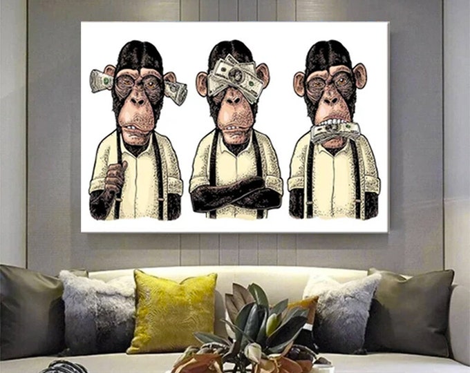 3 Monkey Canvas Art , 3 Thoughtful Monkeys , Monkey Canvas , Wise Monkey , Animal Wall Art , Office Decor