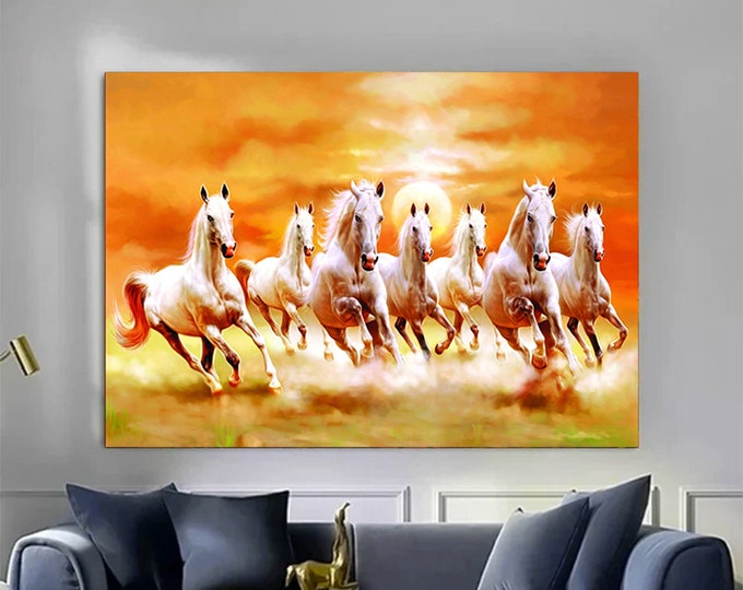 Seven Running White Horse Animals Canvas Print, Art Gold color Print, Modern Wall Art For Living Room,Horse Wall Art, Colorful Print Canvas