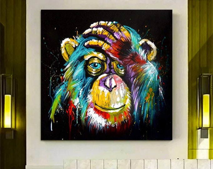 Monkey Canvas Wall Art, Colorful Monkey Wall Hangings, Black Background Monkey Canvas Wall Print, Monkey Portrait Living Room, Ready to Hang