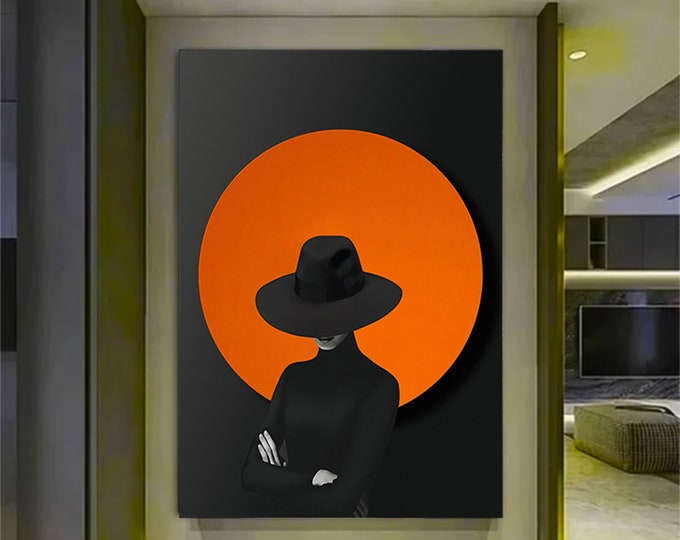 Woman  picture of mysterious woman in black hat, wall decor print canvas, large wall art print poster, woman silhouette canvas print