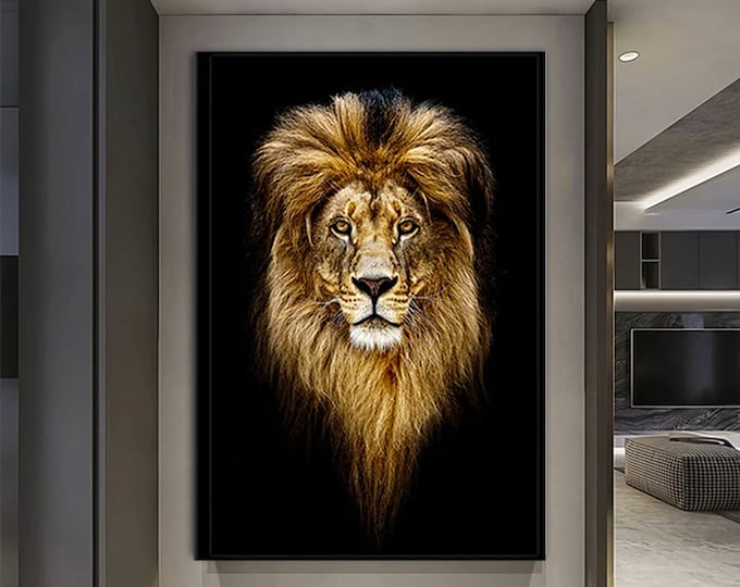 Lion Portrait Canvas Wall Art, Lion on Black Background Wall Hangings, Black Yellow Canvas Wall Print, Male Lion Room Decor