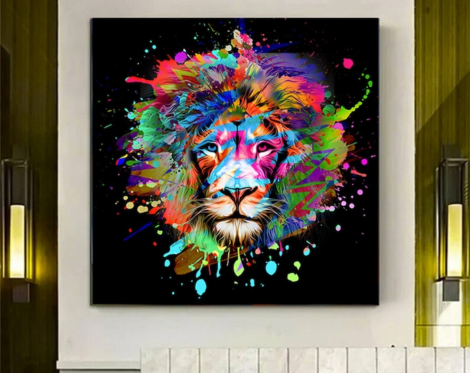 Artistic lion on black wall art , graffiti lion wall art , colorful lion painting , canvas print lion