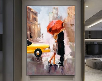 Lovers Under Umbrella Canvas Painting: Romantic Reunion Wall Art